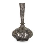 A bidri silver-inlaid bottle (surahi), Deccan, North India, circa 1880, with squat body, the long...