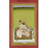 A portrait of a ruler smoking a hookah on a terrace, Jaipur, North India, circa 1900, opaque pigm...