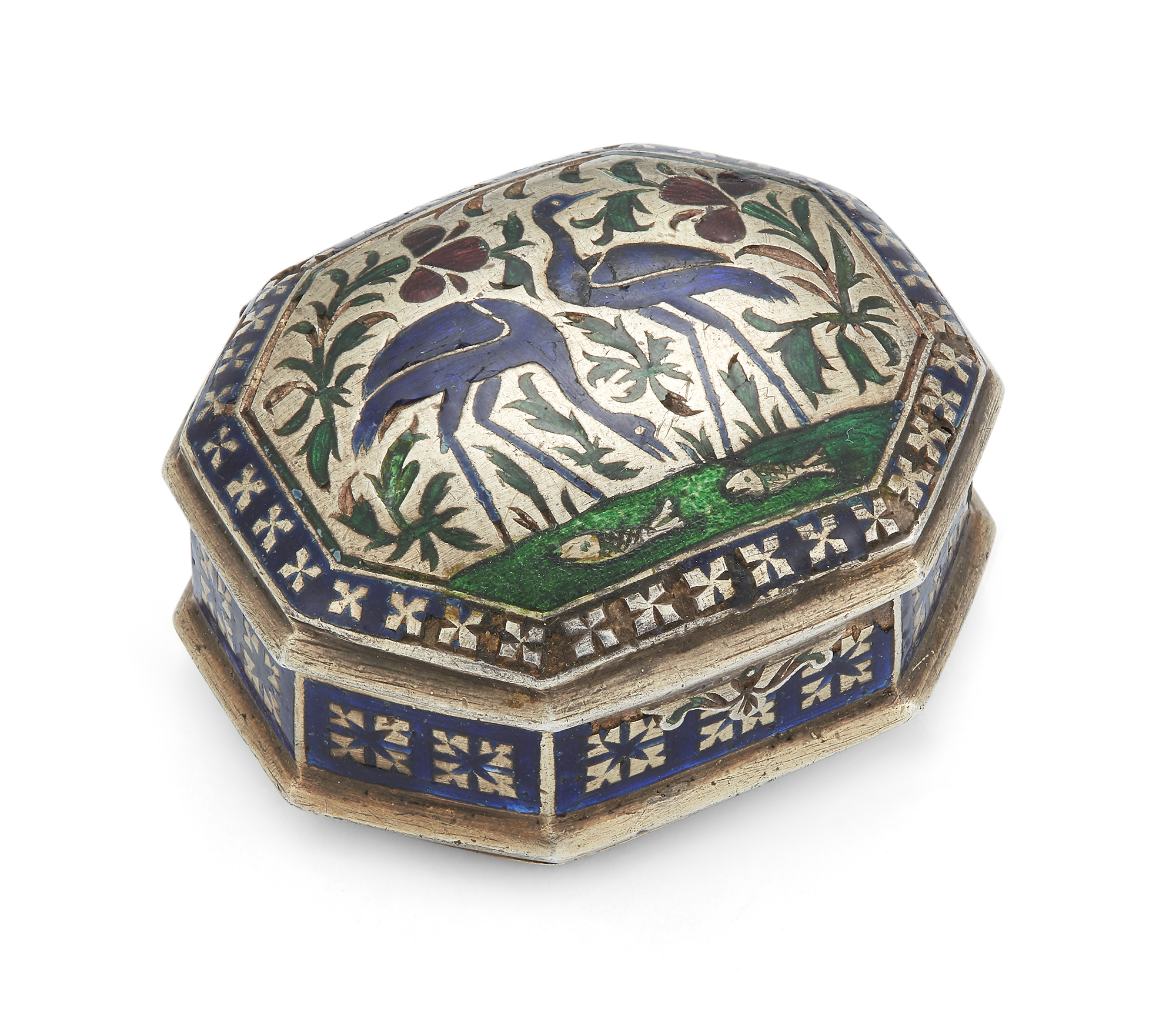 A small enameled silver box, Lucknow, North India, late 18th-19th century, rectangular with cut c...