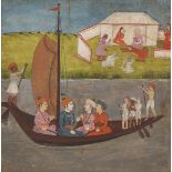 A ruler and his sons with attendants on a boat, Kashmir, North India, circa 1850, opaque pigments...