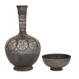 A silver-inlaid Bidri bottle flask and a small bowl, Bidar, Deccan, India, late 18th century, the...