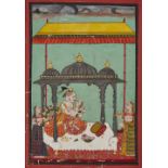 A ruler and courtesan in a pavilion, Mewar, Rajasthan, North India, late18th century, opaque pigm...
