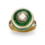 A diamond-set enamelled gold ring, India, 20th century, the bezel of circular form, with a centra...