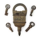 A koftgari gold decorated padlock, North India, circa 1800, of rectangular tiered form, the base ...