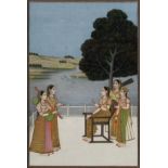 Ladies playing music on a terrace, Oudh, Lucknow, North India, circa 1720, opaque pigments height...