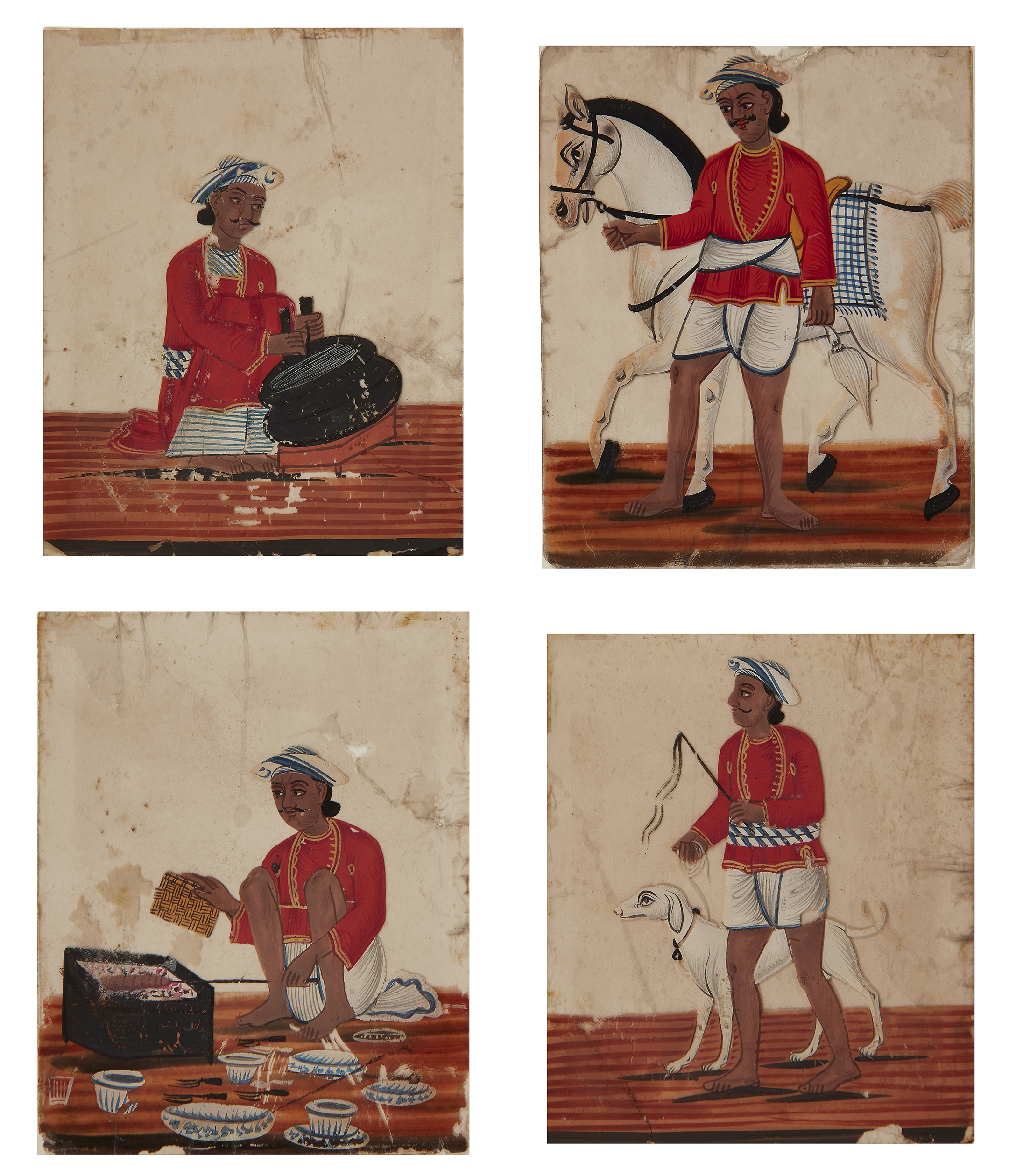 Four mica painting of tradespeople, Trichinopoly, circa 1840, opaque pigments on mica, depicting ...