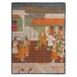 A portrait of Ranjit Singh with the ten Sikh Gurus on a terrace, India, 20th century, opaque pigm...