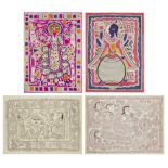 Four Madhubani paintings, each cd. 77x57 cm; 20th century, all stamped: Made in India, grades by ...