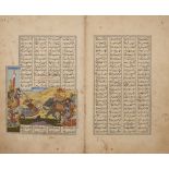 An illustrated leaf from Firdawsi Shahnama: Rustam drags the Khaqan of China from his elephant, M...