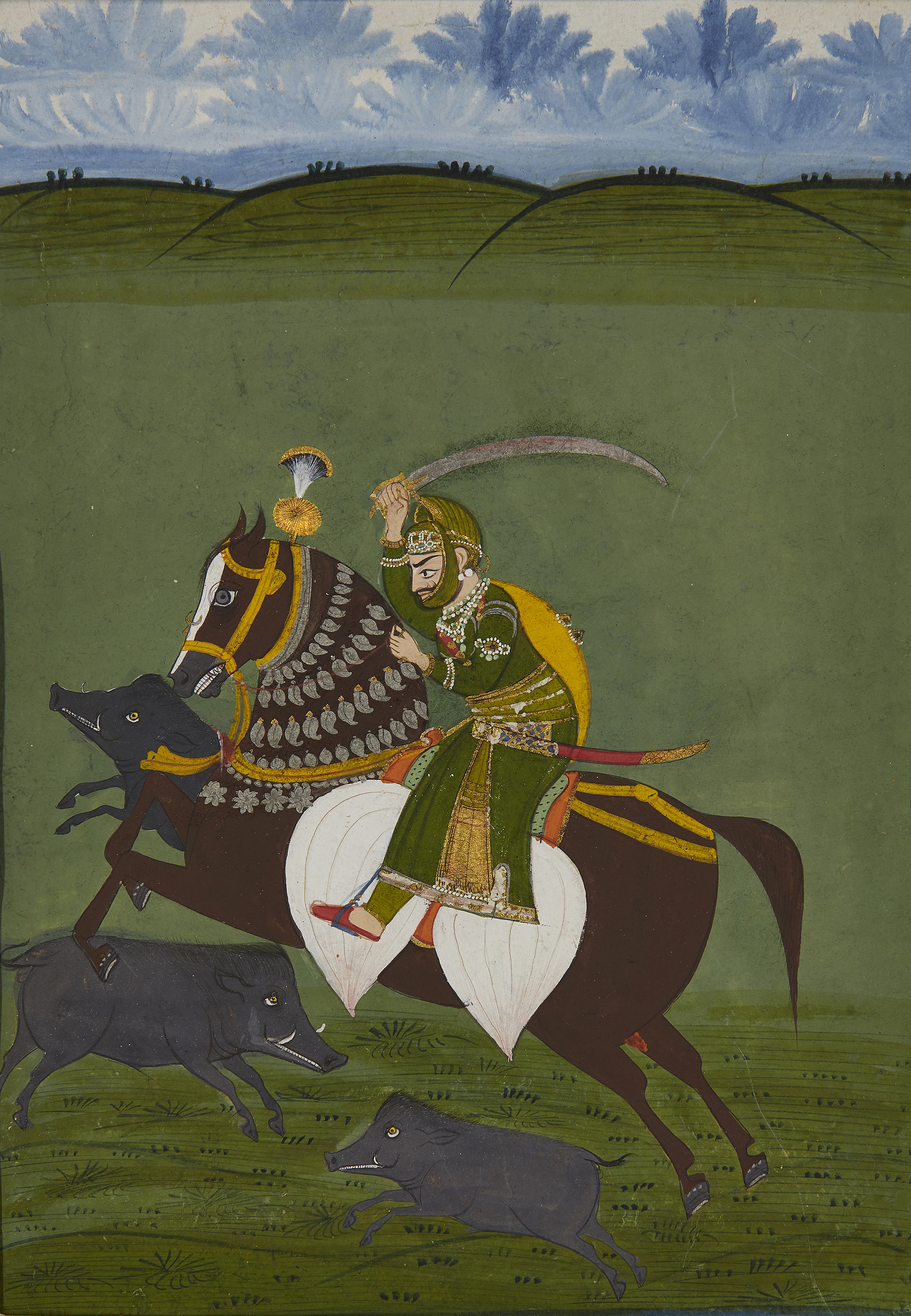 A Maharaja hunting wild boar on horseback, Mewar, India, circa 1830, opaque pigments on paper hei... - Image 3 of 4