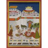 A prince and princess smoking on a terrace with female attendants, Jodhpur, India circa 1820, opa...