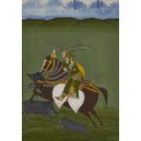 A Maharaja hunting wild boar on horseback, Mewar, India, circa 1830, opaque pigments on paper hei...