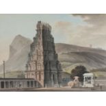 After Thomas and William Daniell R.A., Temple at Tritchencore, print on paper, mounted, glazed an...