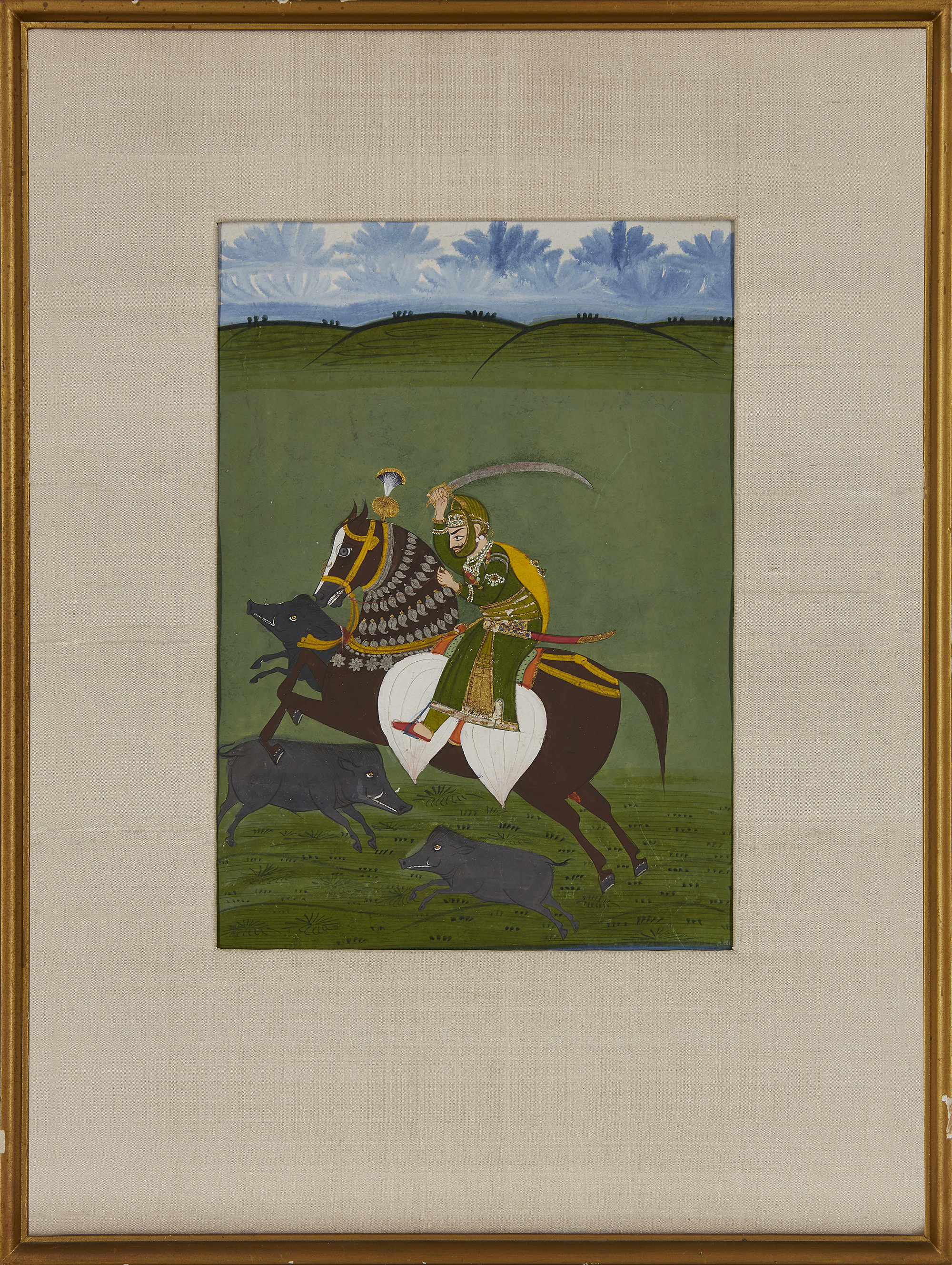 A Maharaja hunting wild boar on horseback, Mewar, India, circa 1830, opaque pigments on paper hei... - Image 2 of 4