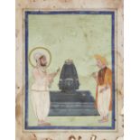 A Mewar prince and priest worshipping at the shrine of Brahma, Mewar, Rajasthan, 19th century, op...