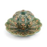 A Mughal-style jade lidded bowl and saucer, India, 20th century, with gold kundan work set with s...