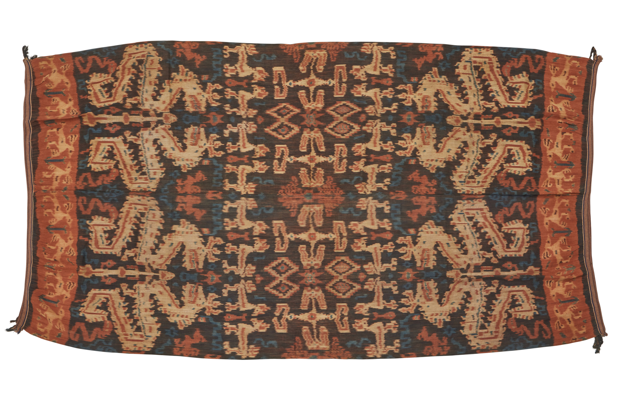 A cotton textile, Indonesia, 20th century, of rectangular form, woven in blue, red, brown and cre...