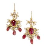 A pair of spinel and seed pearl gold drop earrings, India, 20th century, the star-shaped pendant ...