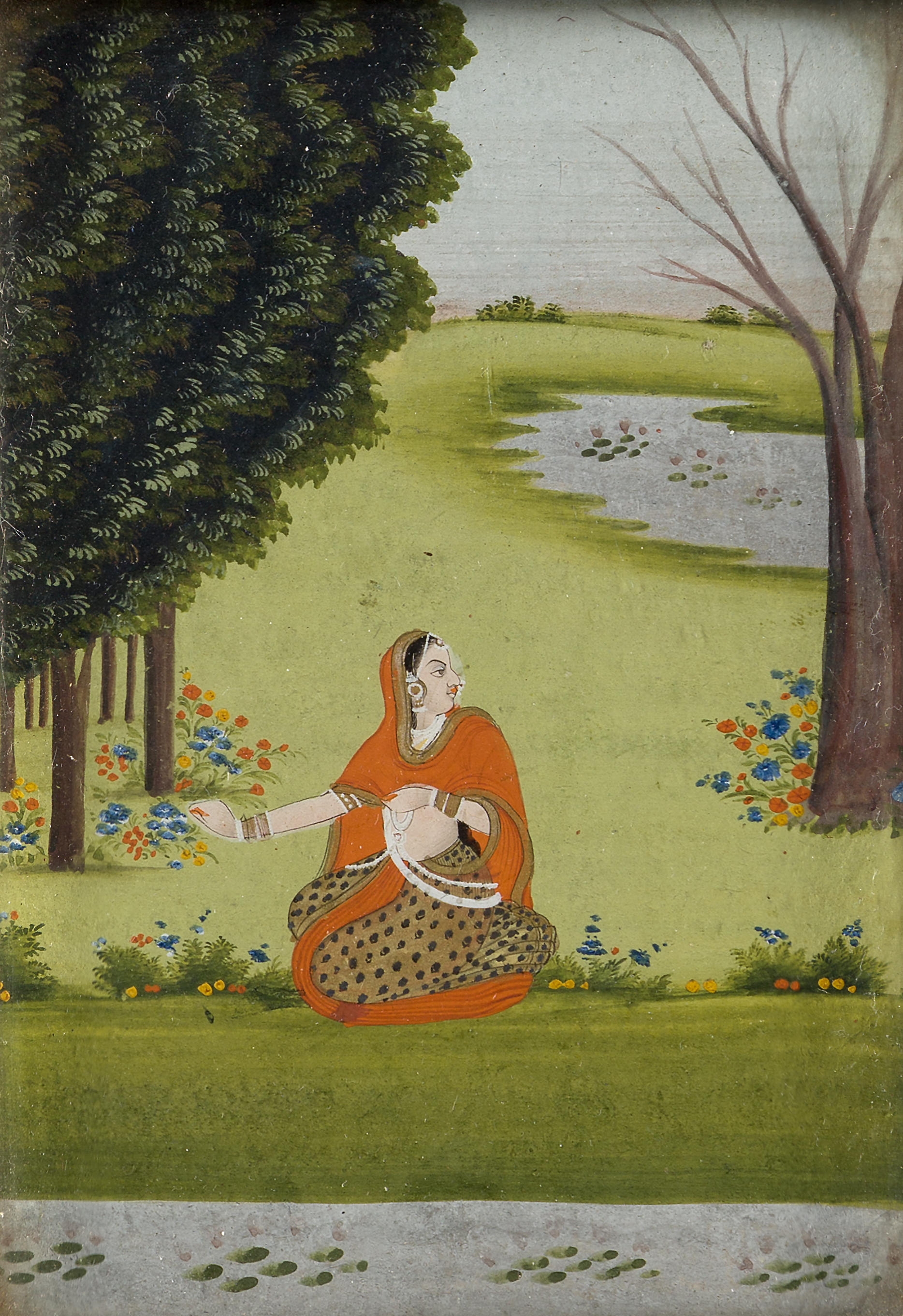 A young woman by a stream, Rajasthan, North India, late 19th century, opaque pigments on paper he...