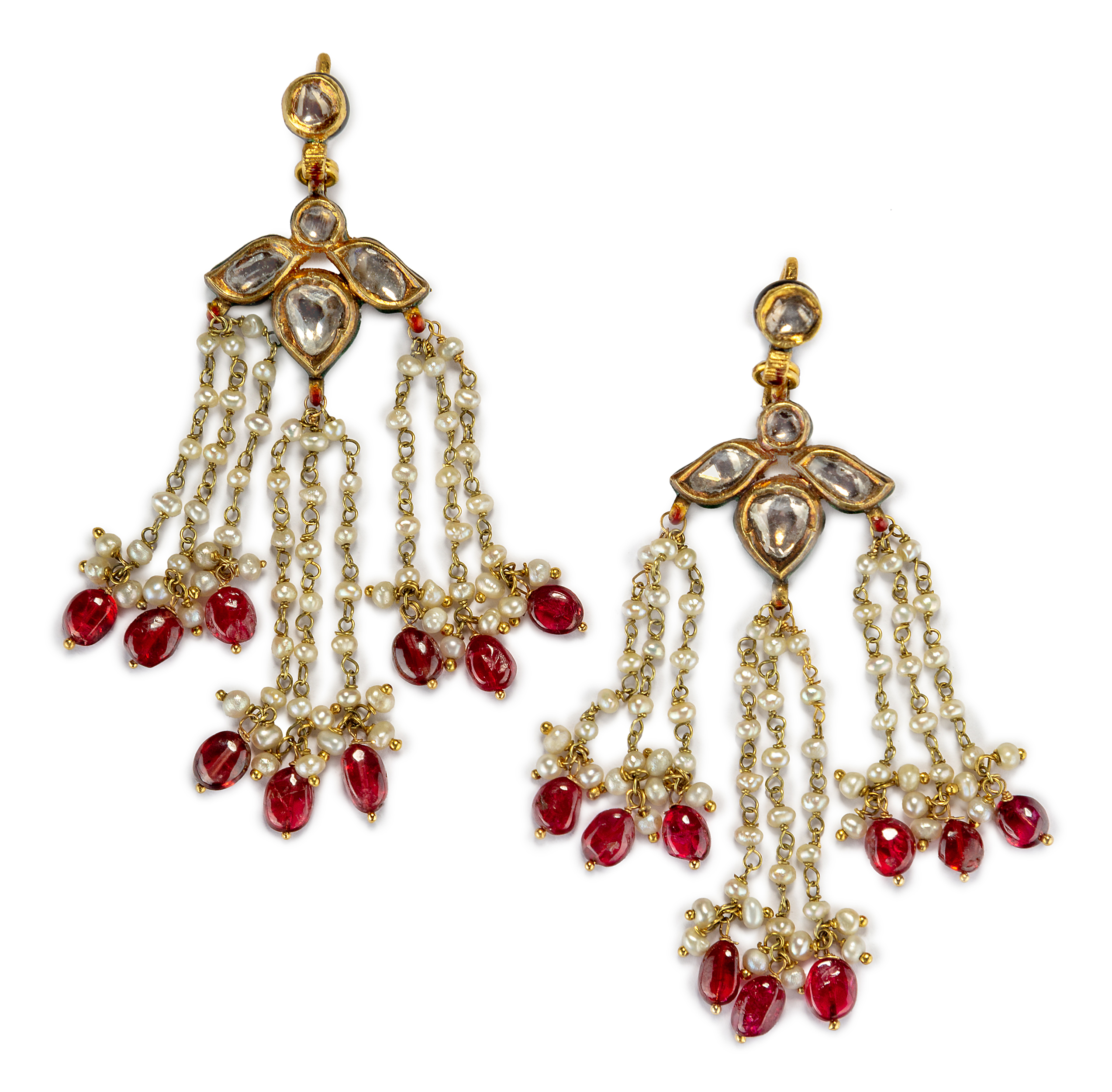 A pair of diamond, spinel and seed pearl drop earrings, India, 20th century, the three petal flow...