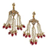 A pair of diamond, spinel and seed pearl drop earrings, India, 20th century, the three petal flow...