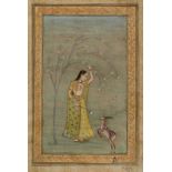 A young woman with antelope, India, 20th century, opaque pigments on paper heightened with gold, ...