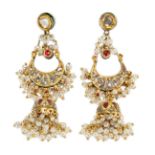 A pair of diamond-set crescent drop earrings, India, 20th century, with diamond-set circular stud...