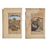 Two folios from a dispersed Shahnama, Delhi, North India, circa 1840, ink and opaque pigments on ...