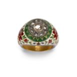 A diamond-set enameled gold bombe ring, India, 20th century, set with a central foil backed diamo...