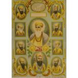 The Ten Sikh Gurus, Ravi Varma Press, Malavli, Poona, circa 1925, oleograph on paper, inscribed i...
