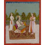 A prince and courtesans on a terrace, Kulu or Bahsoli, North India, 19th century, opaque pigments...