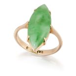 A jadeite jade ring, the single marquise cabochon jade in claw setting to plain hoop, approximate...