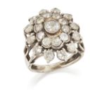 A diamond set oval cluster ring, the central brilliant-cut diamond to two row surround of brillia...