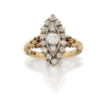 Alabaster & Wilson. An Edwardian 18ct gold, diamond cluster ring, the marquise-shaped panel desig...