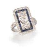 A diamond and sapphire panel ring,