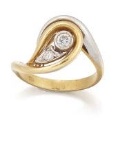 A two stone diamond ring, the openwork lobed head grain set with brilliant cut diamonds, to two c...