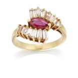 A ruby and diamond crossover ring, the marquise-cut ruby to crossover shoulders claw set with gra...