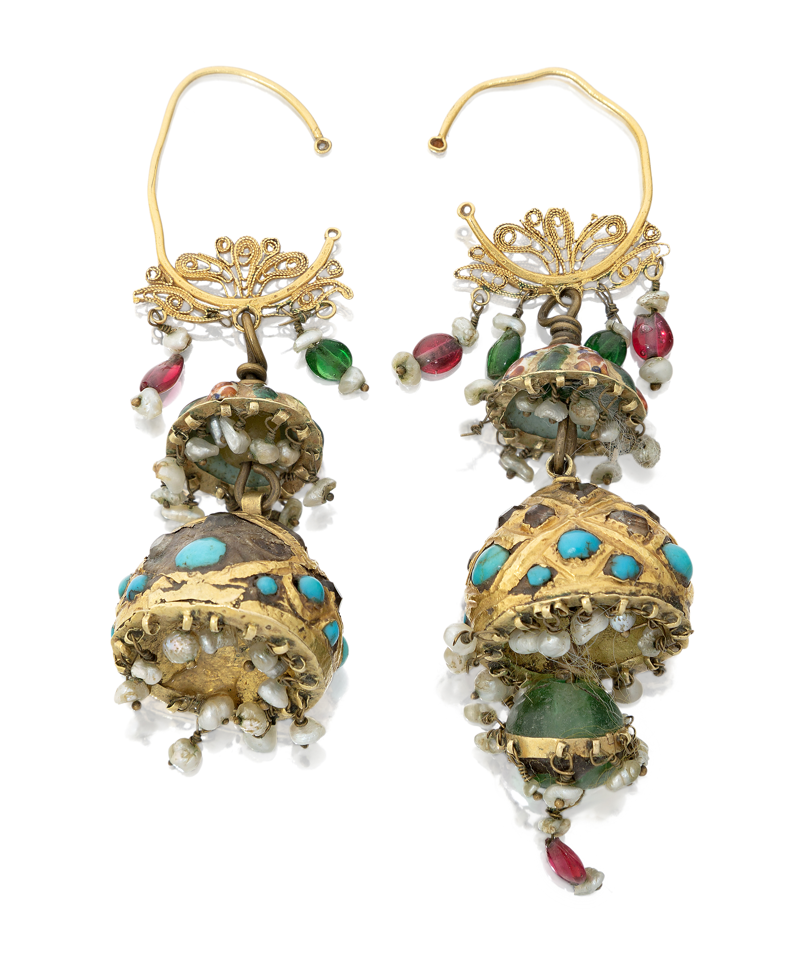 A pair of 19th century Persian drop earrings, of lantern design, set with paste and turquoise cab...