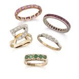 A group of five gem and diamond set rings,