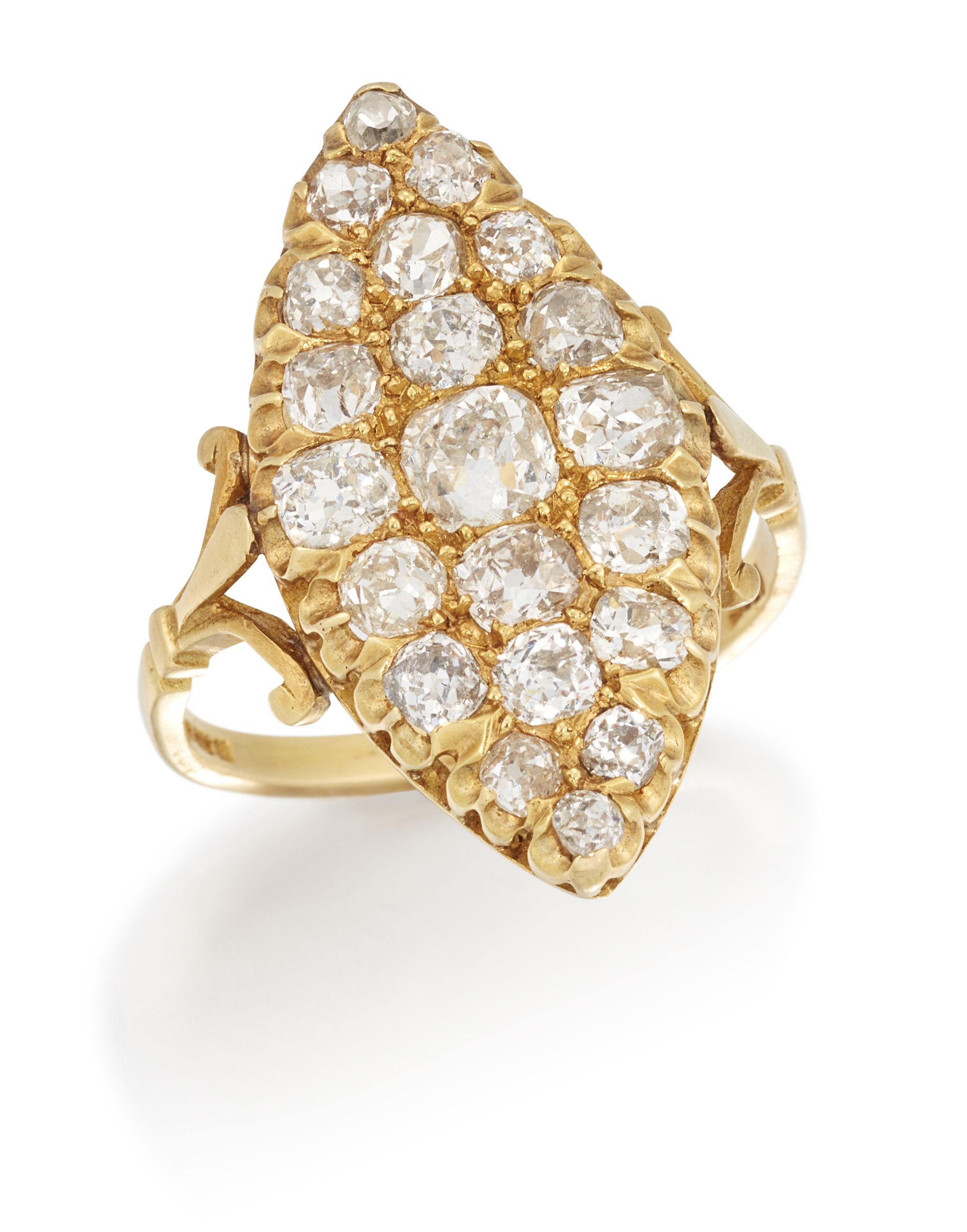 An 18ct gold diamond marquise cluster ring, the marquise shaped head grain and claw set with old-...