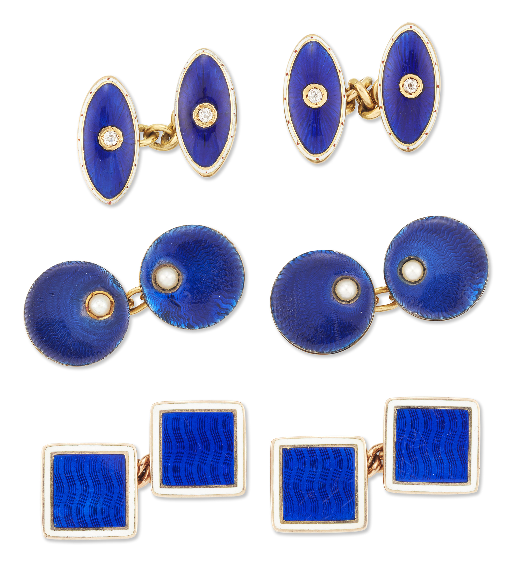 Three pairs of early 20th century gold and blue enamel cufflinks, comprising: a pair of early 20t...