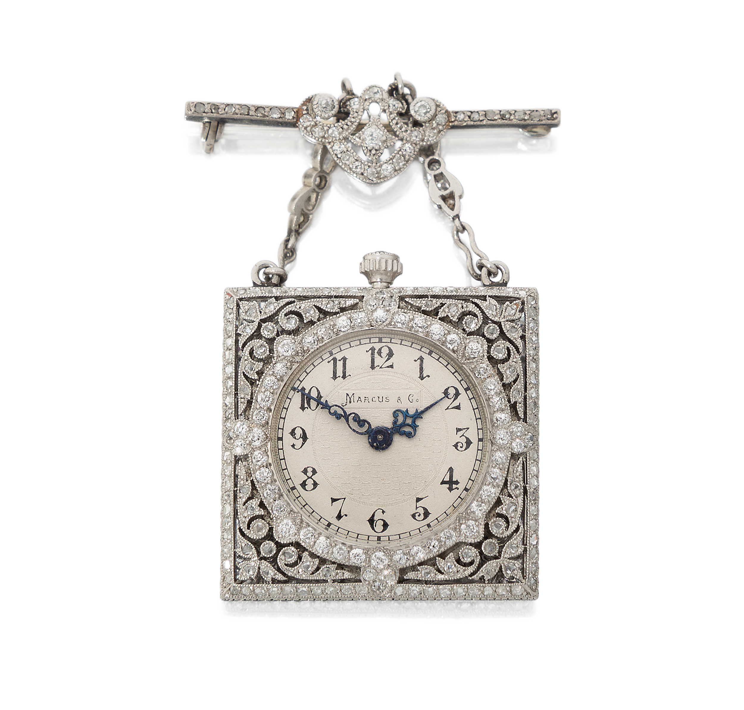 Marcus & Co, C.H. Meylan. An American, Belle Époque, platinum and diamond lapel watch Circa 1910 ... - Image 3 of 6