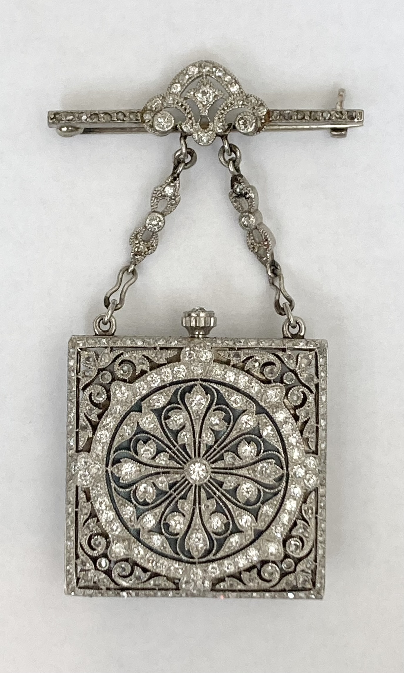 Marcus & Co, C.H. Meylan. An American, Belle Époque, platinum and diamond lapel watch Circa 1910 ... - Image 4 of 6