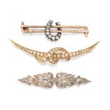 Three bar brooches, comprising: a late Victorian half-pearl set open crescent brooch with sprig d...