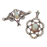 Two early 20th century opal, ruby and diamond brooches,