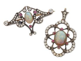 Two early 20th century opal, ruby and diamond brooches,