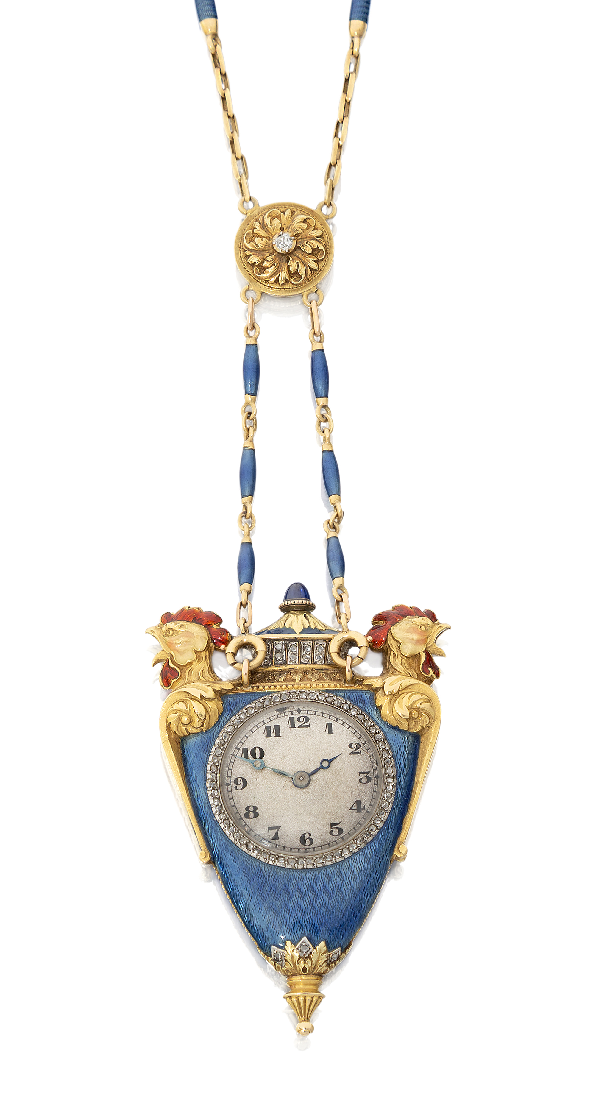 LeCoultre. A fine Belle Époque gold, diamond and enamel pendant watch and necklace, Nickel plated...