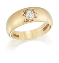 A single stone diamond ring, an old cushion-cut diamond, star set to the slightly tapered band, c...