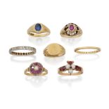 A group of seven rings, comprising: a Victorian gold ruby and rose-cut diamond cluster ring, two ...