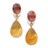A pair of citrine, pink tourmaline and diamond drop earrings, by Zam Gems, composed of a collet s...